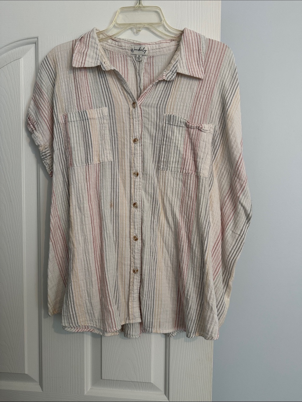 Wonderly Cream Button-Down Shirt with Pink & Blue Stripes